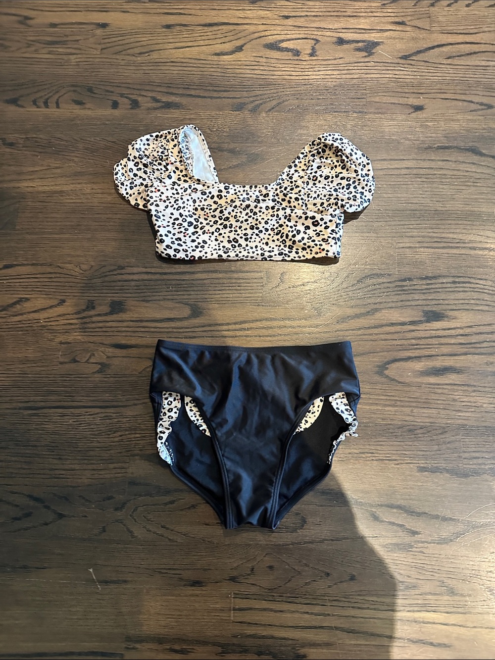 Kids Two-Piece Puff Sleeve Swim Set - Black & Crème Leopard